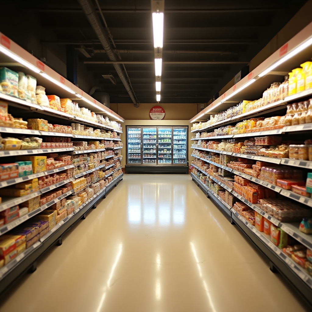 Przegląd wnętrza małego sklepu spożywczego z dobrze ułożonymi produktami